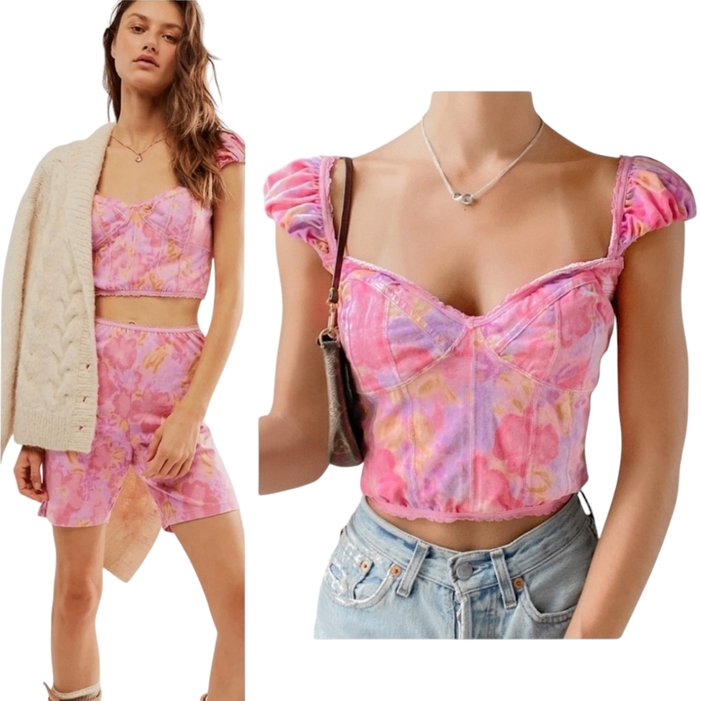 NWT FREE PEOPLE Floral Printed Puffy Sleeve Bustier Short Set Size Small